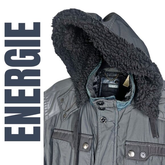 ENERGIE VINTAGE Y2K INSULATED MID LENGTH MOCK NECK PARKA HOOD GREEN GRAY, LARGE - Picture 5 of 12